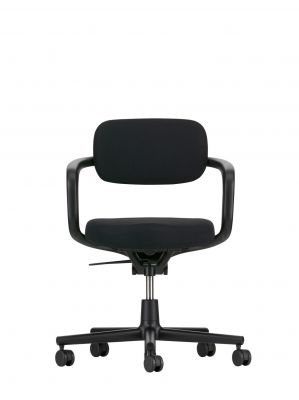 Schwarzer Allstar Bürodrehstuhl von Vitra, ergonomisch, mit Armlehnen und Rollen auf weißem Hintergrund.